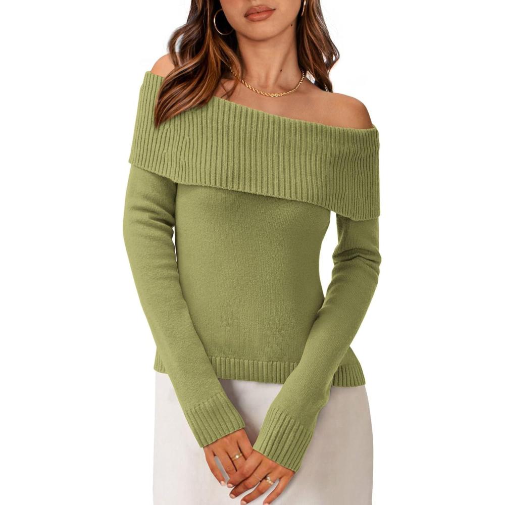 imagePRETTYGARDEN Off The Shoulder Sweater for Women 2026 Fall Fashion Cute Long Sleeve Tops Winter Ribbed Pullover Knit OutfitsSage Green