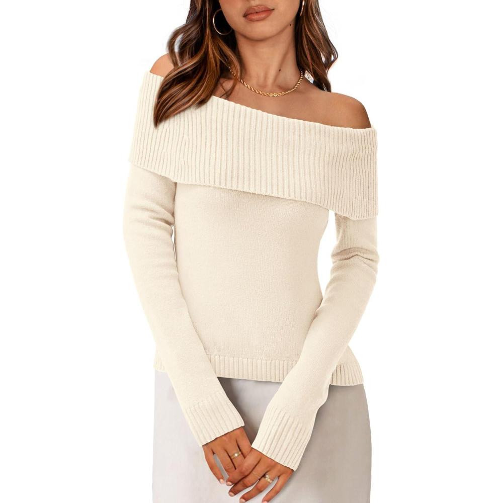imagePRETTYGARDEN Off The Shoulder Sweater for Women 2026 Fall Fashion Cute Long Sleeve Tops Winter Ribbed Pullover Knit OutfitsSnow White