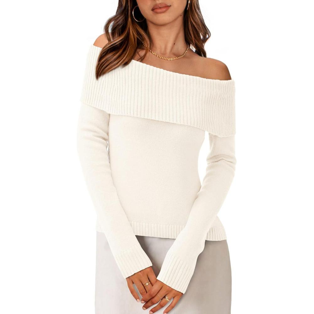 imagePRETTYGARDEN Off The Shoulder Sweater for Women 2026 Fall Fashion Cute Long Sleeve Tops Winter Ribbed Pullover Knit OutfitsWhite