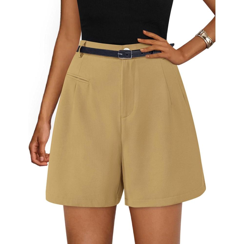 imagePRETTYGARDEN Shorts for Women Dressy 2026 Summer Elastic High Waisted Wide Leg Business Casual Work Shorts with PocketsBrown Yellow