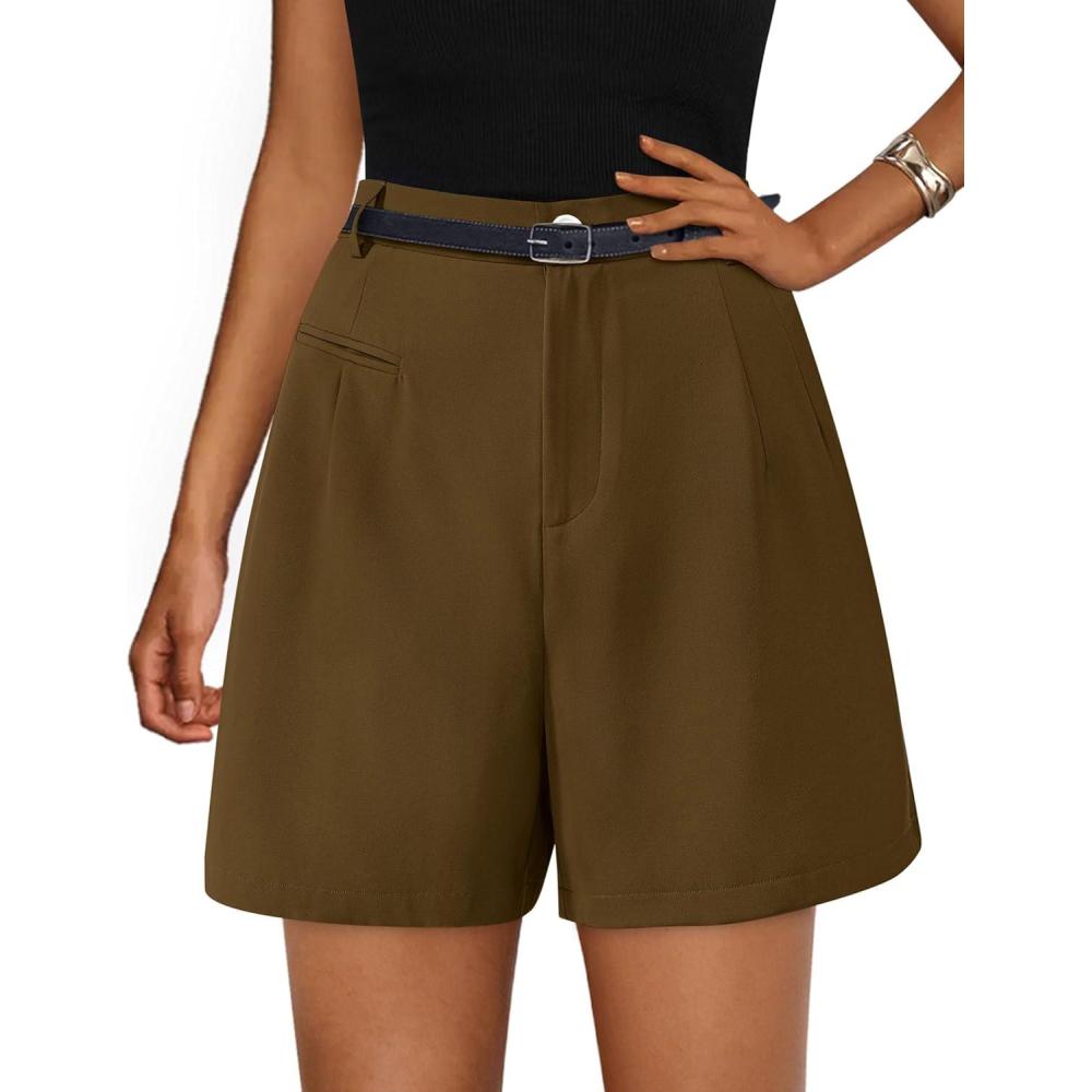 imagePRETTYGARDEN Shorts for Women Dressy 2026 Summer Elastic High Waisted Wide Leg Business Casual Work Shorts with PocketsDark Khaki