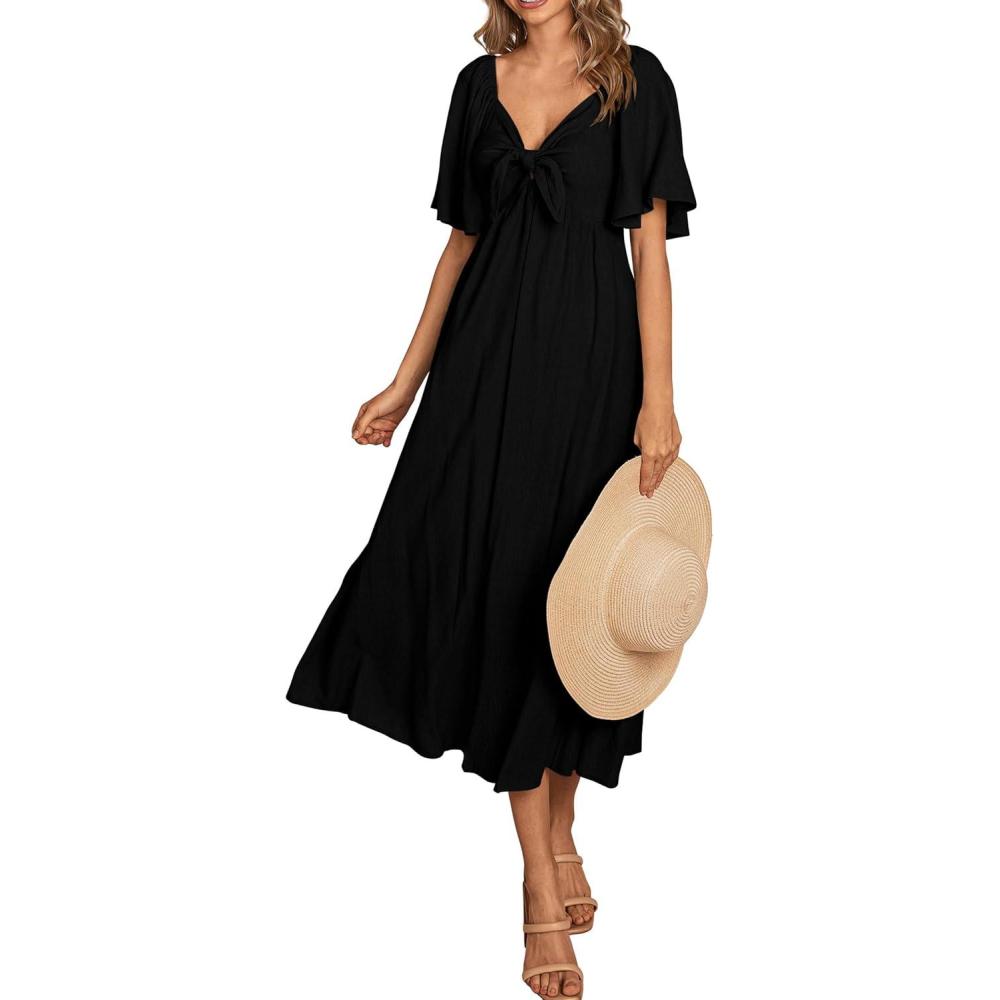 imagePRETTYGARDEN Summer Dress for Women 2026 Casual Short Sleeve Bow Tie V Neck Ruffle Midi Flowy DressesBlack