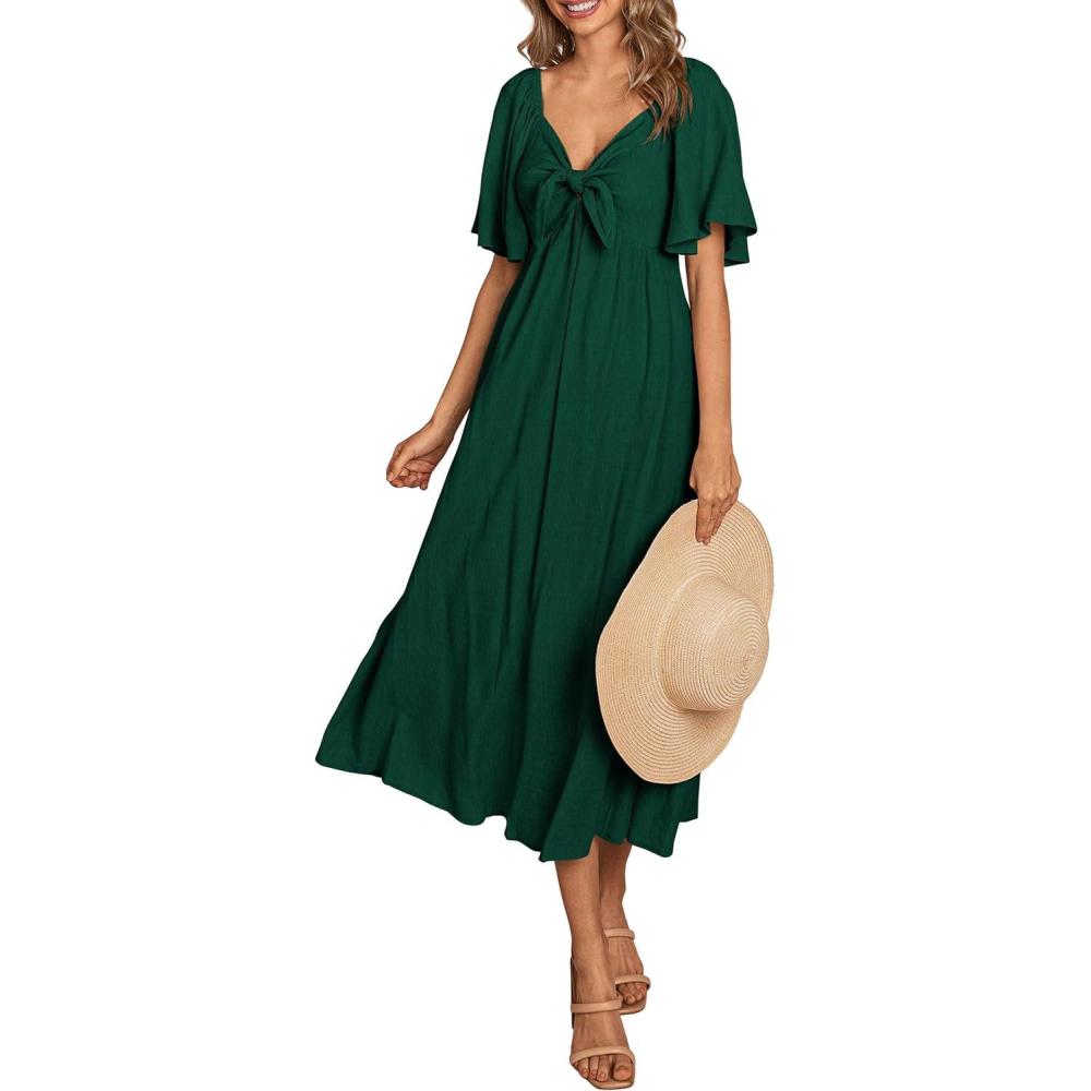imagePRETTYGARDEN Summer Dress for Women 2026 Casual Short Sleeve Bow Tie V Neck Ruffle Midi Flowy DressesDark Green