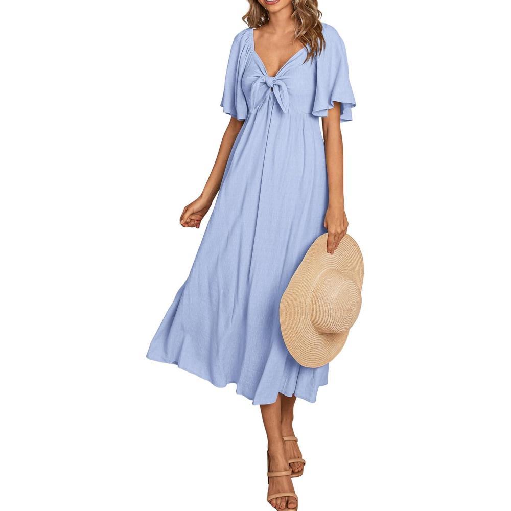 imagePRETTYGARDEN Summer Dress for Women 2026 Casual Short Sleeve Bow Tie V Neck Ruffle Midi Flowy DressesLight Blue