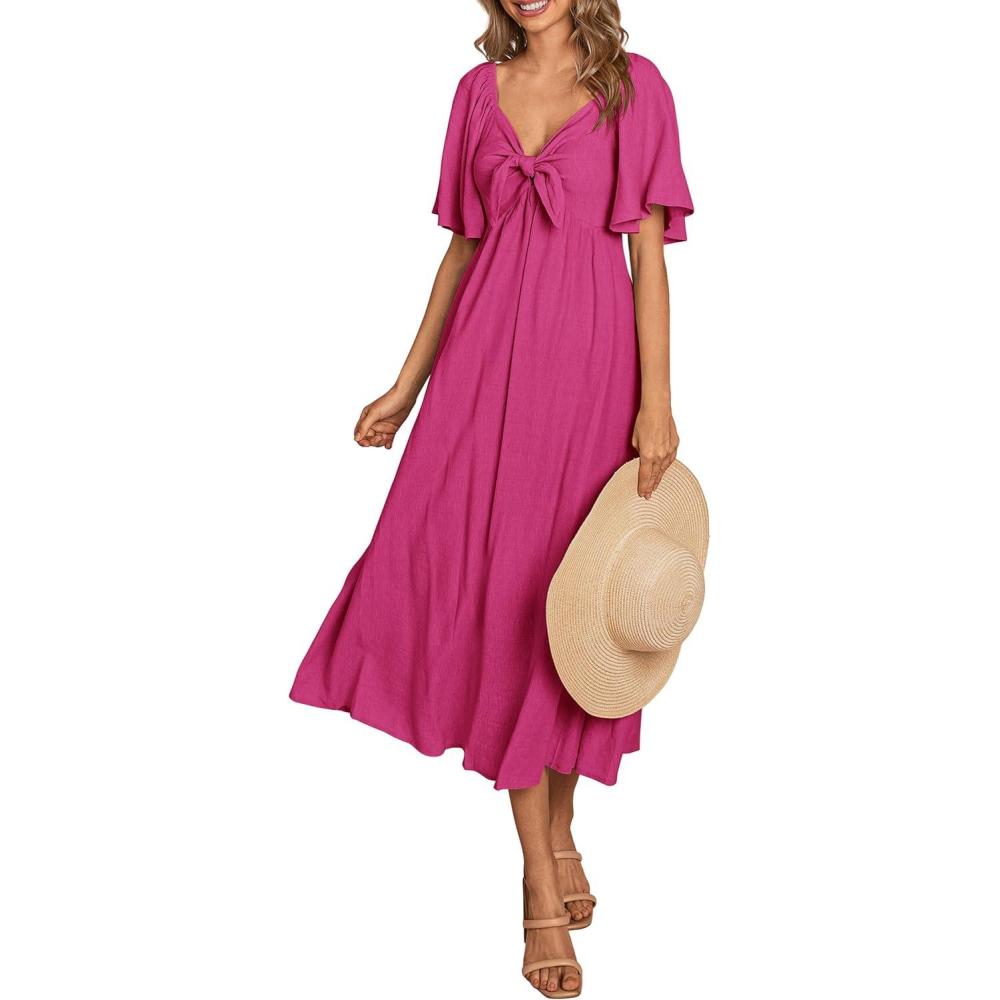 imagePRETTYGARDEN Summer Dress for Women 2026 Casual Short Sleeve Bow Tie V Neck Ruffle Midi Flowy DressesRose Red