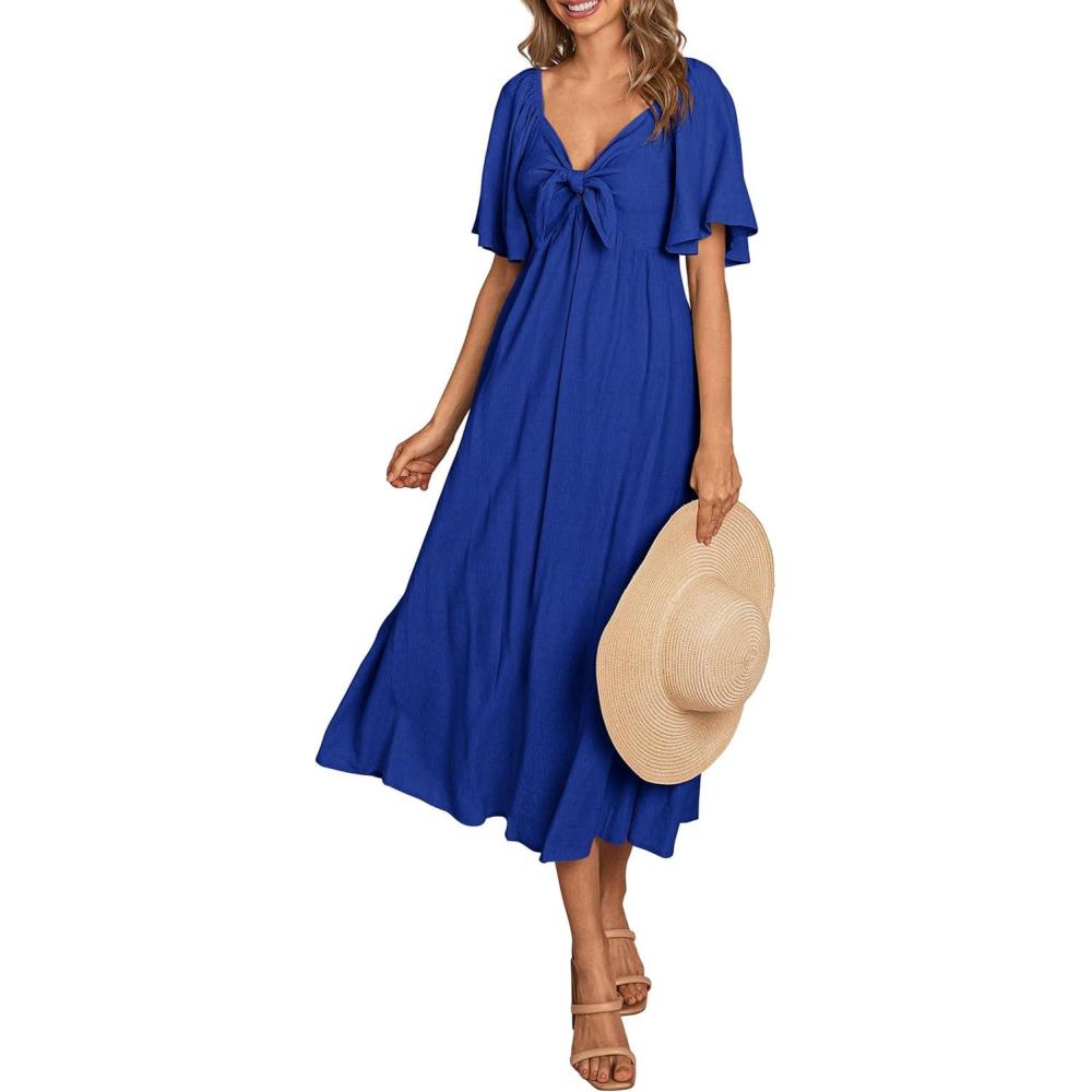 imagePRETTYGARDEN Summer Dress for Women 2026 Casual Short Sleeve Bow Tie V Neck Ruffle Midi Flowy DressesRoyal Blue