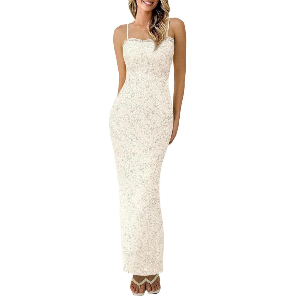 imagePRETTYGARDEN Summer Dresses for Women 2025 Lace Floral Bodycon Semi Formal Party Wedding Guest Boho Maxi DressBeige
