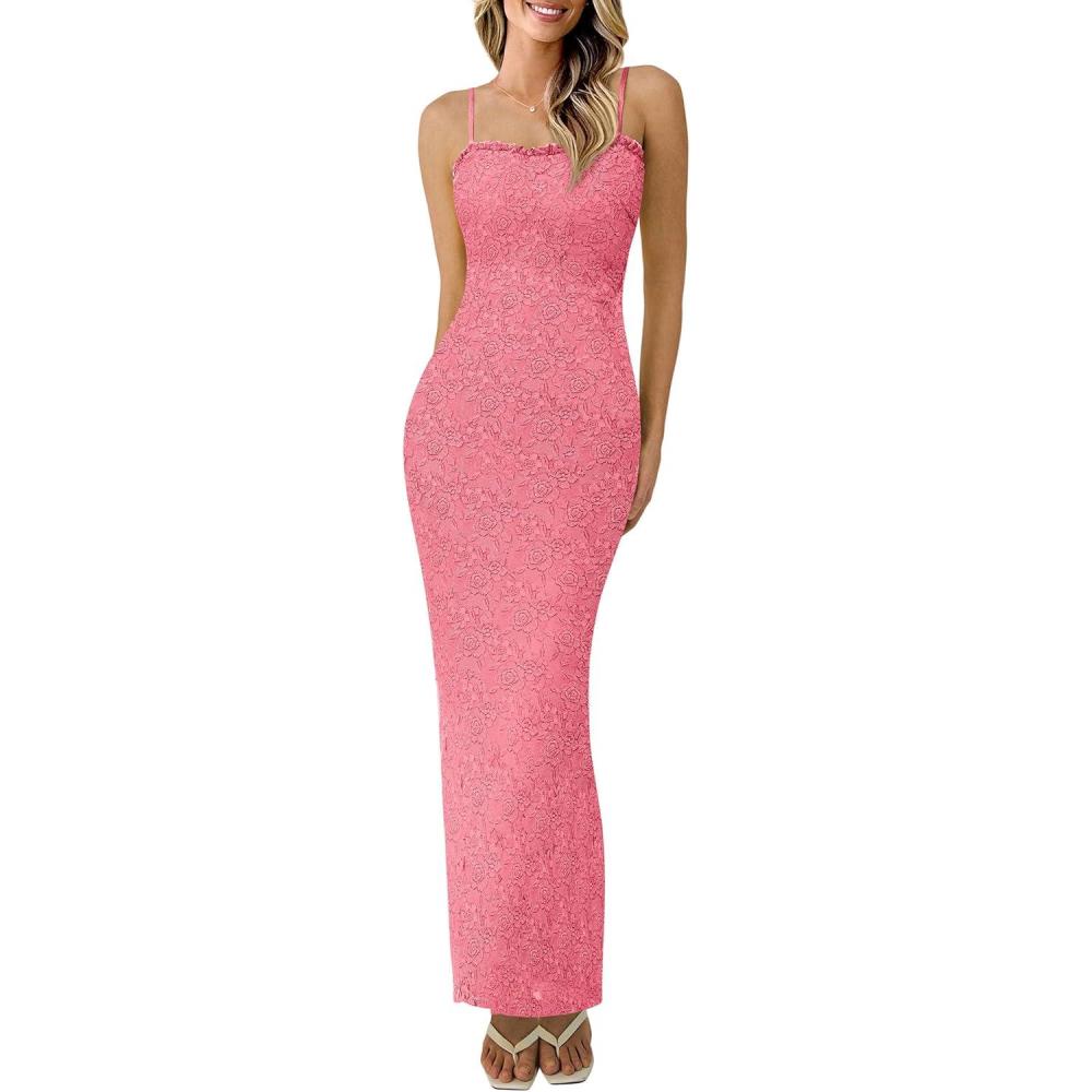 imagePRETTYGARDEN Summer Dresses for Women 2025 Lace Floral Bodycon Semi Formal Party Wedding Guest Boho Maxi DressPink
