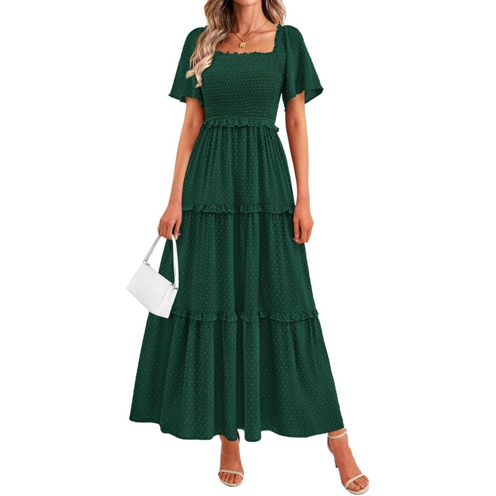 imagePRETTYGARDEN Summer Dresses for Women 2026 Boho Swiss Dot Smocked Square Neck Short Sleeve Spring Wedding Guest Maxi DressDark Green