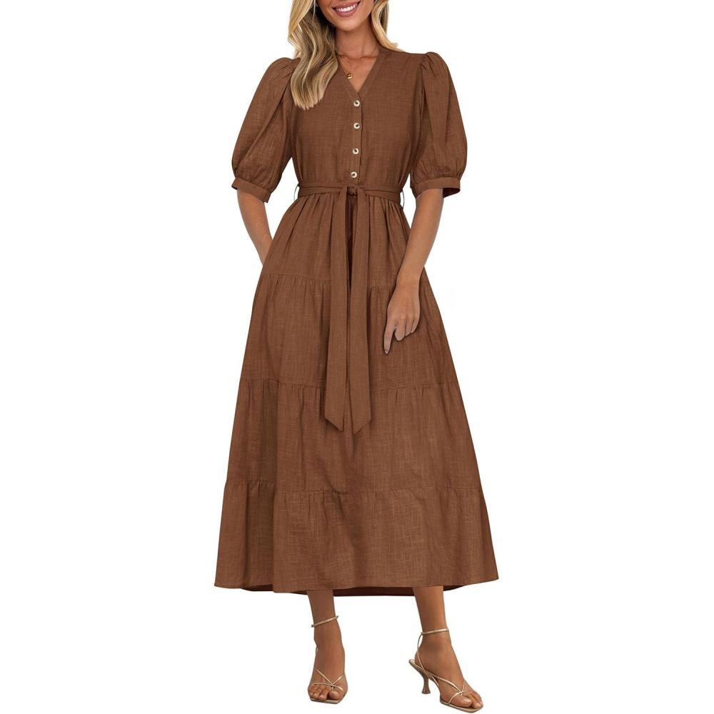 imagePRETTYGARDEN Summer Dresses for Women 2026 Elegant Classy Short Sleeve V Neck Ruffle A Line Belted Long Beach Vacation DressCoffee