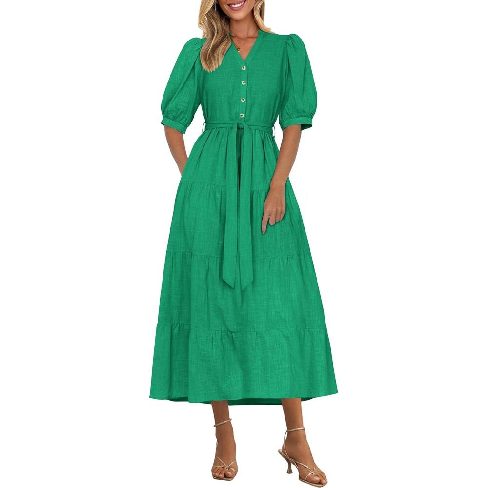 imagePRETTYGARDEN Summer Dresses for Women 2026 Elegant Classy Short Sleeve V Neck Ruffle A Line Belted Long Beach Vacation DressGreen