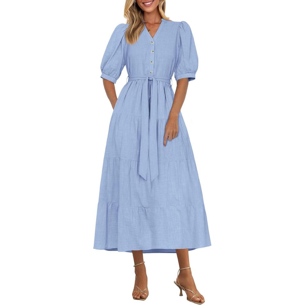 imagePRETTYGARDEN Summer Dresses for Women 2026 Elegant Classy Short Sleeve V Neck Ruffle A Line Belted Long Beach Vacation DressLight Blue