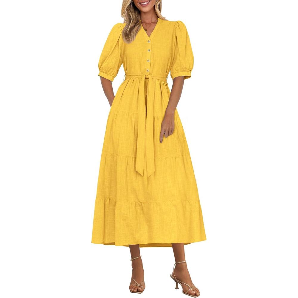 imagePRETTYGARDEN Summer Dresses for Women 2026 Elegant Classy Short Sleeve V Neck Ruffle A Line Belted Long Beach Vacation DressYellow