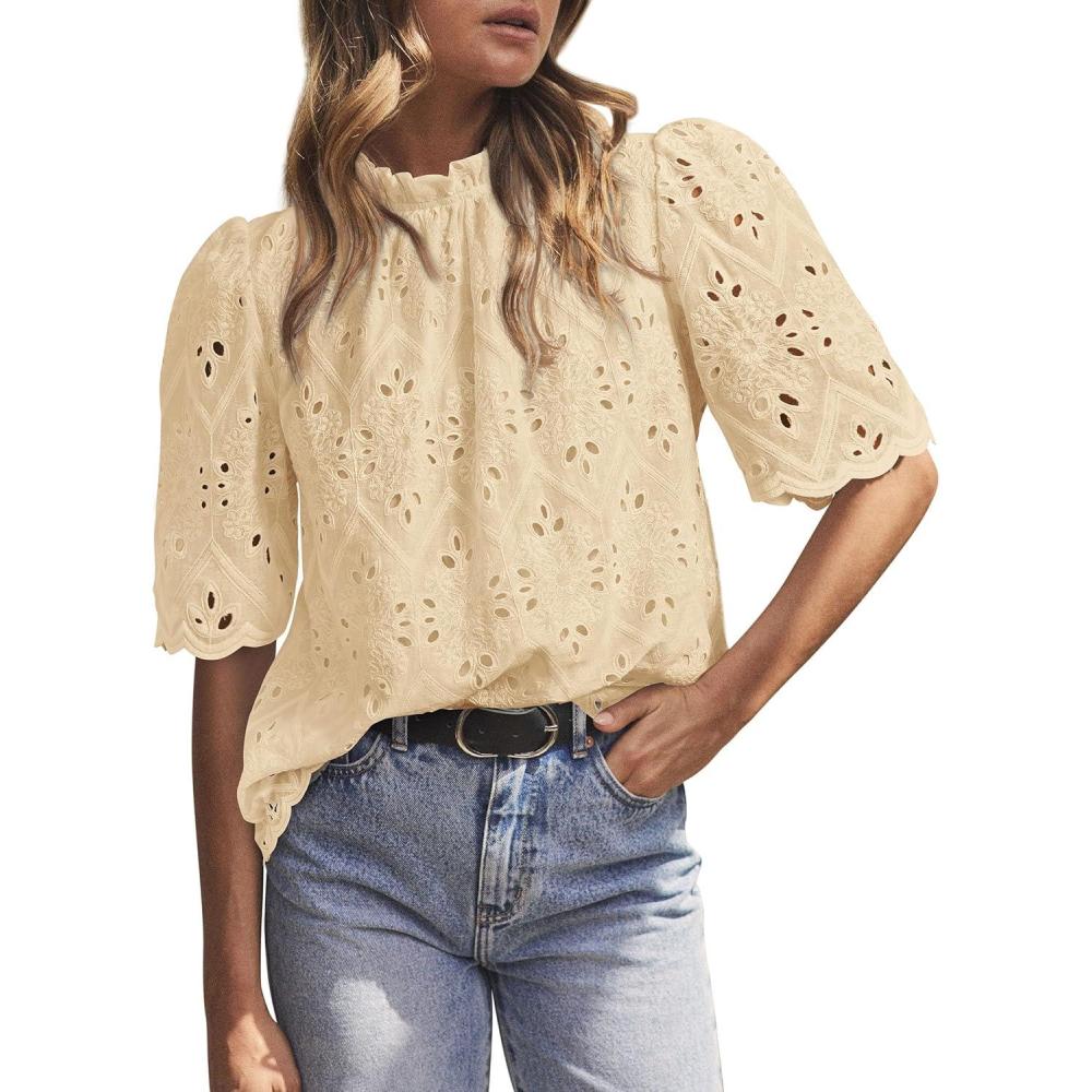 imagePRETTYGARDEN Summer Tops for Women 2026 Short Sleeve Embroidered Eyelet Shirts Dressy Casual Blouses Spring Fashion ClothesBeige Yellow