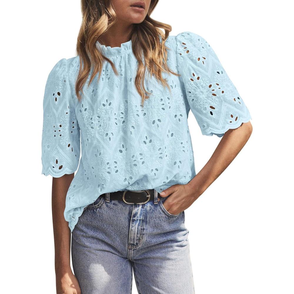 imagePRETTYGARDEN Summer Tops for Women 2026 Short Sleeve Embroidered Eyelet Shirts Dressy Casual Blouses Spring Fashion ClothesLight Blue