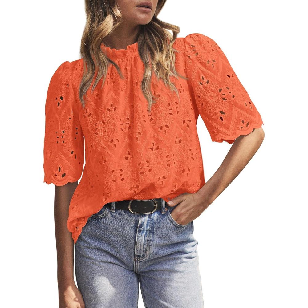 imagePRETTYGARDEN Summer Tops for Women 2026 Short Sleeve Embroidered Eyelet Shirts Dressy Casual Blouses Spring Fashion ClothesOrange
