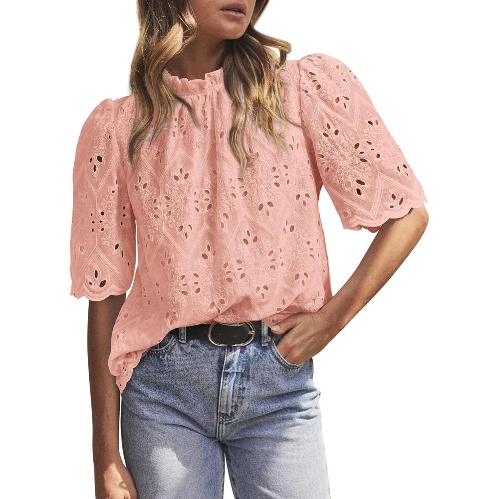 imagePRETTYGARDEN Summer Tops for Women 2026 Short Sleeve Embroidered Eyelet Shirts Dressy Casual Blouses Spring Fashion ClothesPink