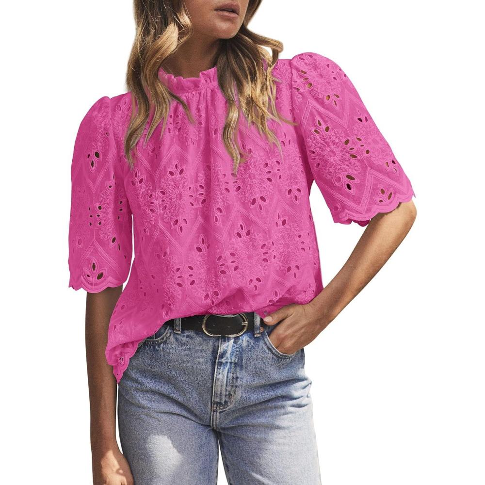 imagePRETTYGARDEN Summer Tops for Women 2026 Short Sleeve Embroidered Eyelet Shirts Dressy Casual Blouses Spring Fashion ClothesRose Red