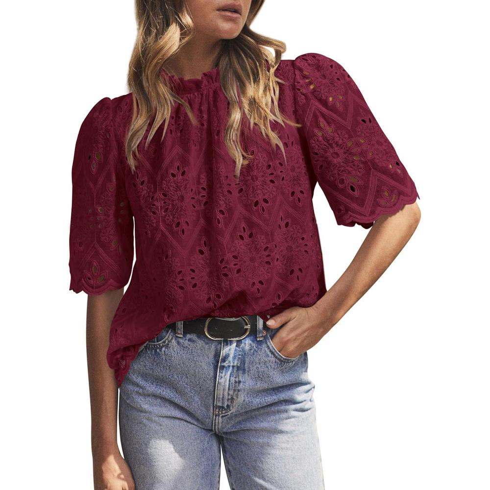 imagePRETTYGARDEN Summer Tops for Women 2026 Short Sleeve Embroidered Eyelet Shirts Dressy Casual Blouses Spring Fashion ClothesWine Red