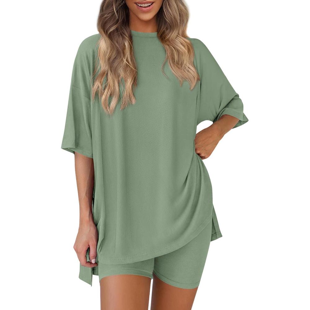 imagePRETTYGARDEN Women 2 Piece Lounge Set 2026 Summer Casual Oversized Shirts Biker Shorts Matching Airport Travel Outfit ClothesBean Green