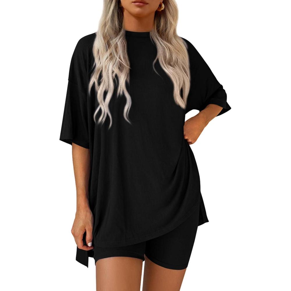 imagePRETTYGARDEN Women 2 Piece Lounge Set 2026 Summer Casual Oversized Shirts Biker Shorts Matching Airport Travel Outfit ClothesBlack