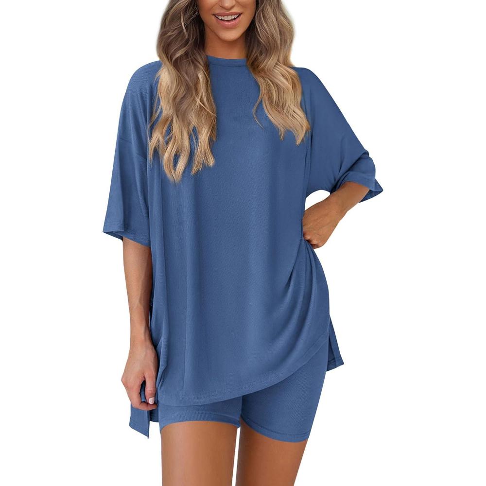 imagePRETTYGARDEN Women 2 Piece Lounge Set 2026 Summer Casual Oversized Shirts Biker Shorts Matching Airport Travel Outfit ClothesBlue