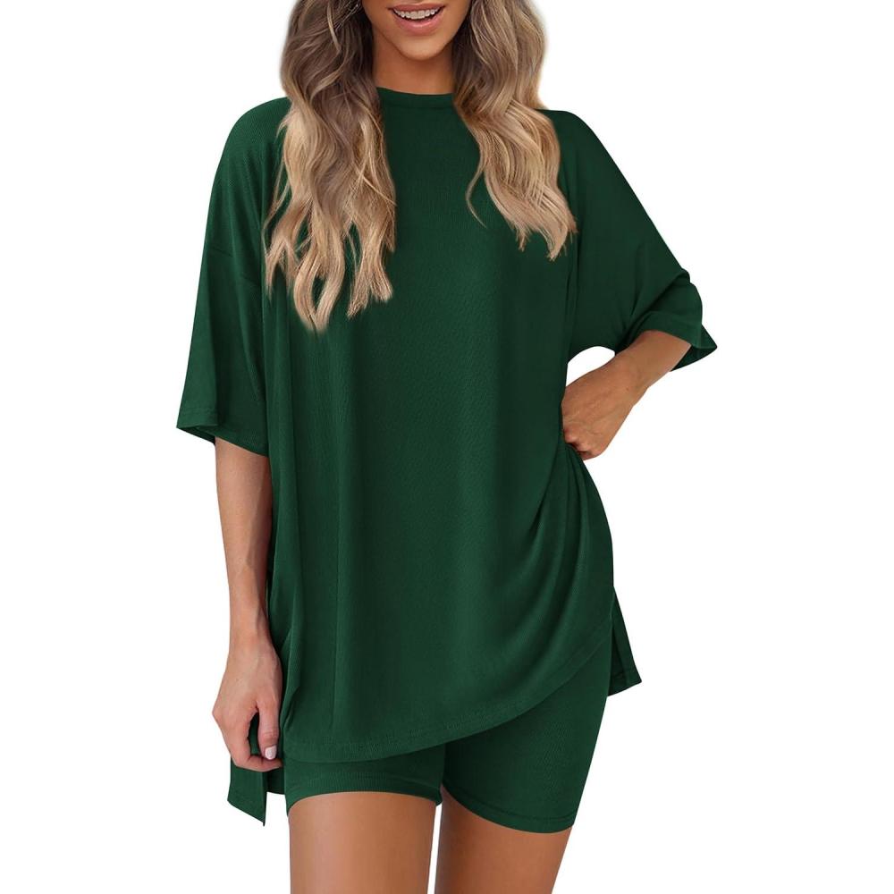 imagePRETTYGARDEN Women 2 Piece Lounge Set 2026 Summer Casual Oversized Shirts Biker Shorts Matching Airport Travel Outfit ClothesDark Green