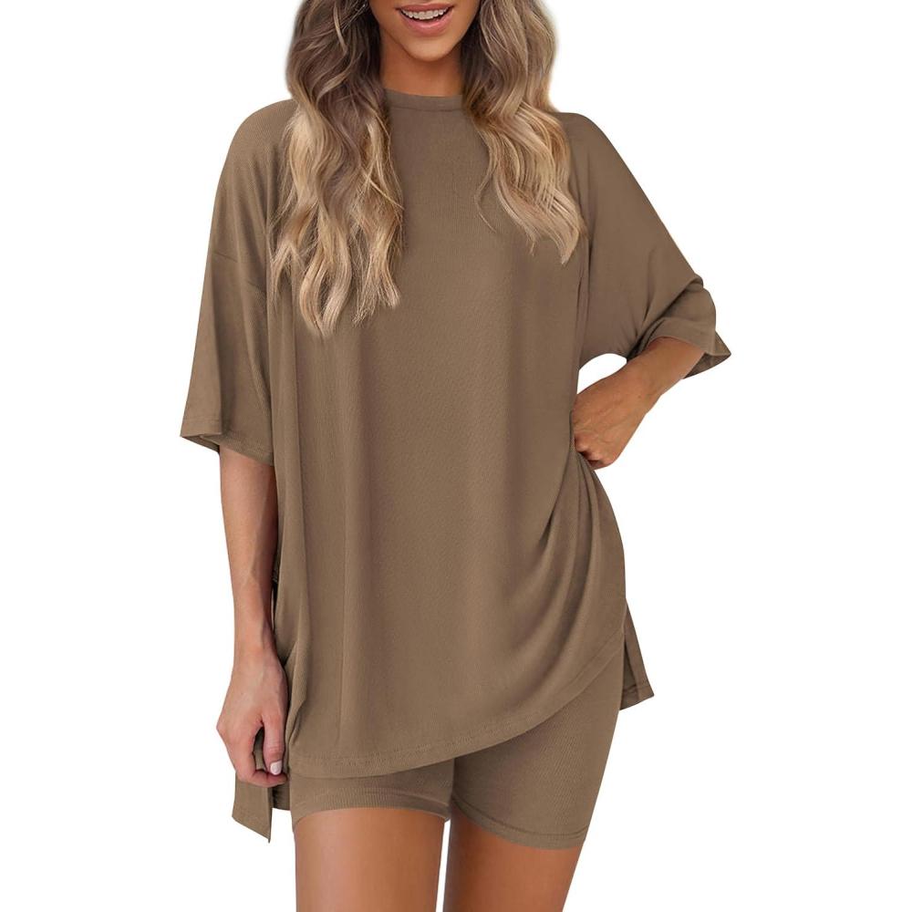 imagePRETTYGARDEN Women 2 Piece Lounge Set 2026 Summer Casual Oversized Shirts Biker Shorts Matching Airport Travel Outfit ClothesDark Khaki