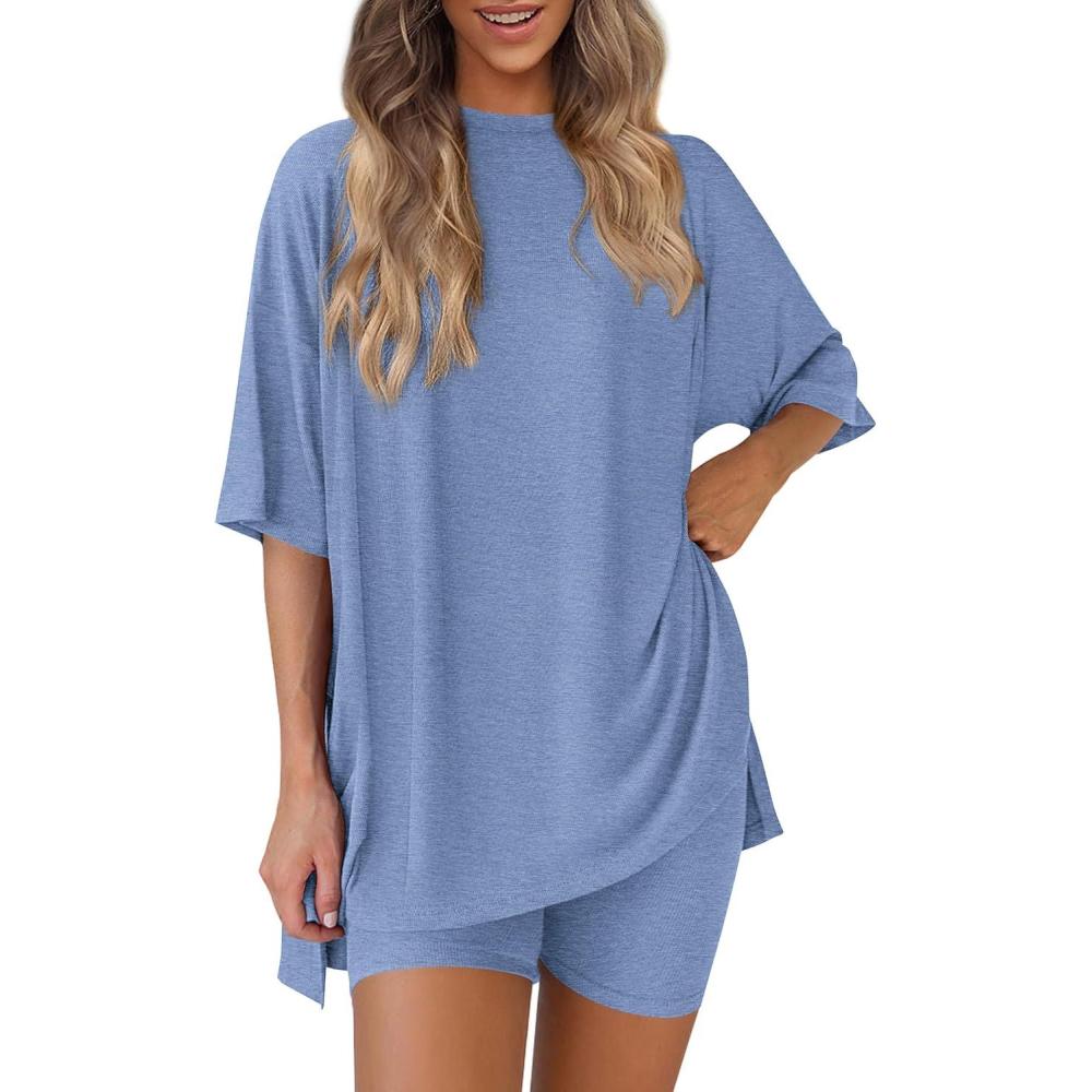 imagePRETTYGARDEN Women 2 Piece Lounge Set 2026 Summer Casual Oversized Shirts Biker Shorts Matching Airport Travel Outfit ClothesGrey Blue
