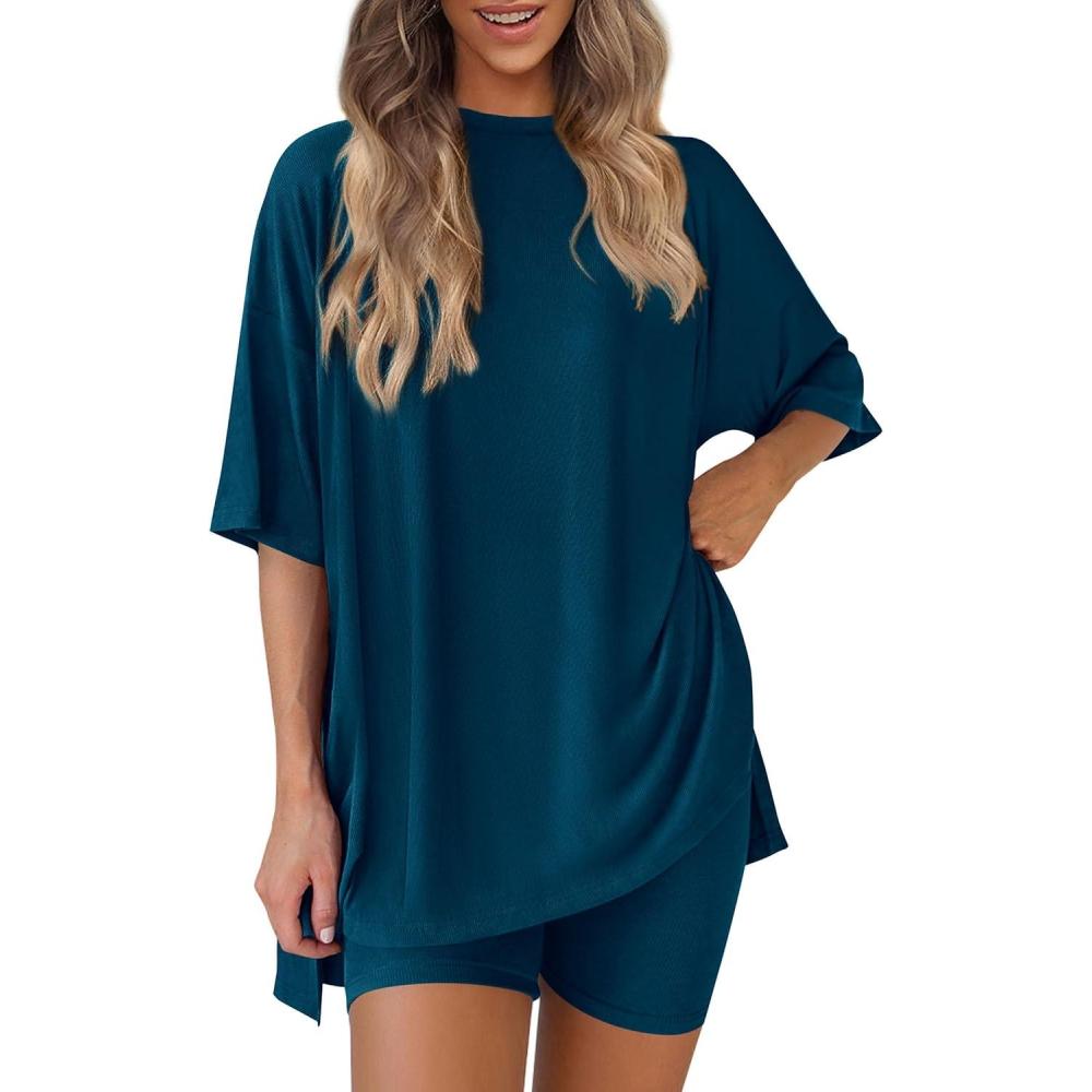 imagePRETTYGARDEN Women 2 Piece Lounge Set 2026 Summer Casual Oversized Shirts Biker Shorts Matching Airport Travel Outfit ClothesLake Blue