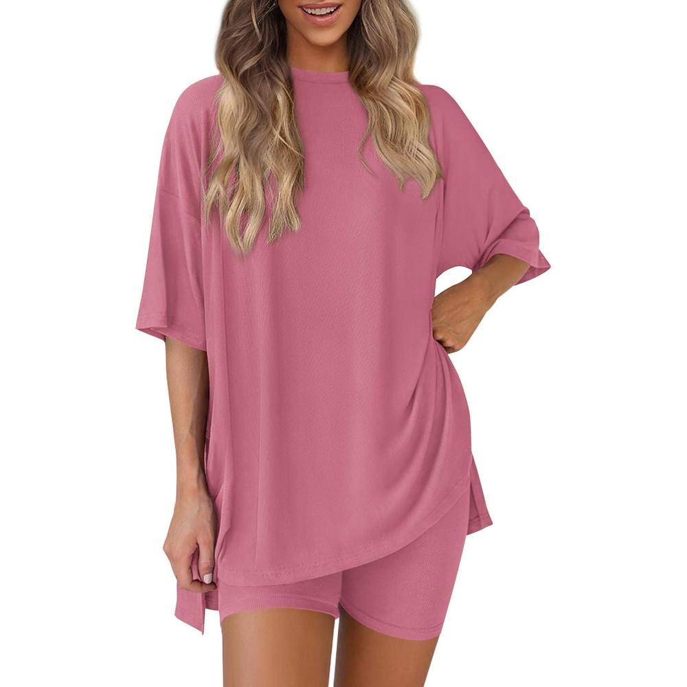 imagePRETTYGARDEN Women 2 Piece Lounge Set 2026 Summer Casual Oversized Shirts Biker Shorts Matching Airport Travel Outfit ClothesPink