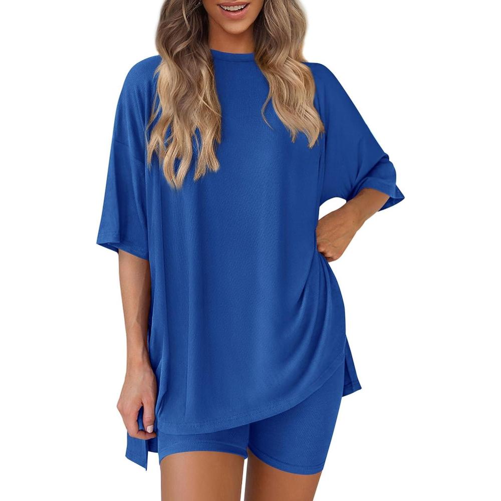 imagePRETTYGARDEN Women 2 Piece Lounge Set 2026 Summer Casual Oversized Shirts Biker Shorts Matching Airport Travel Outfit ClothesRoyal Blue