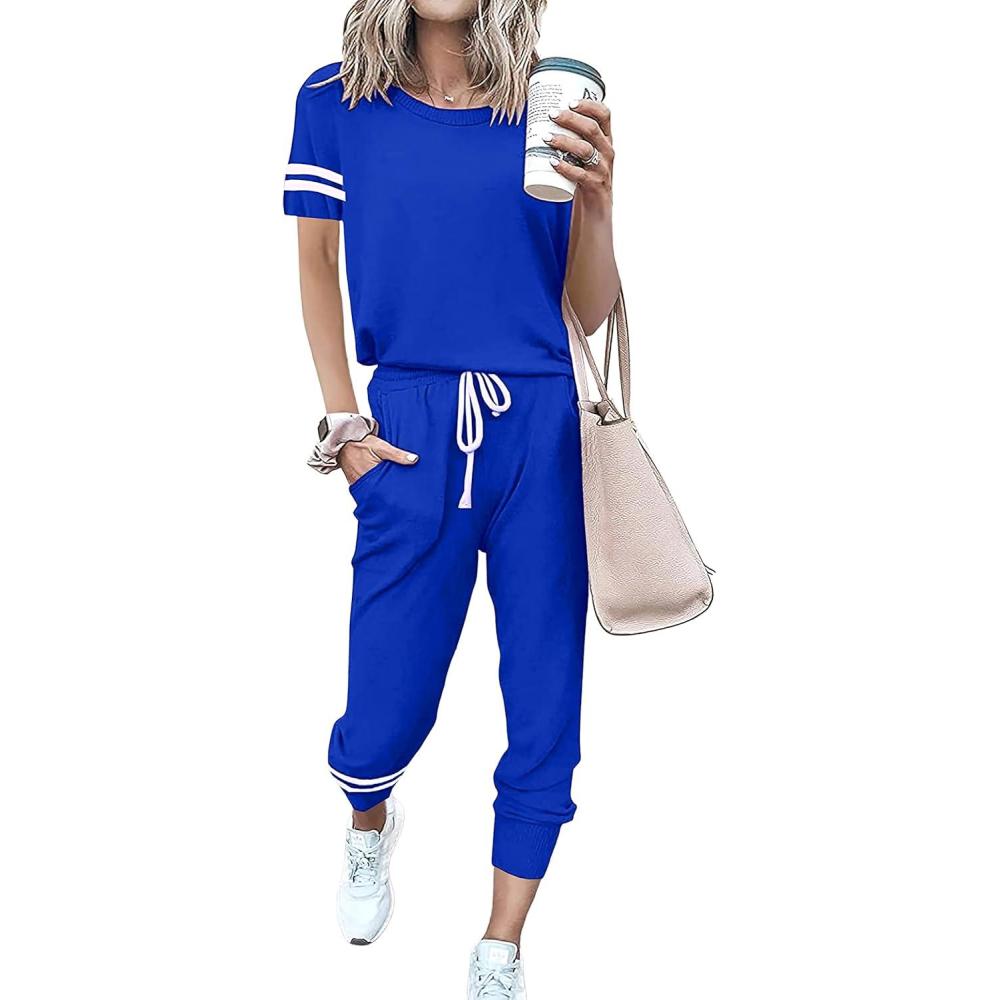 imagePRETTYGARDEN Women Summer Two Piece Outfits Striped Short Sleeve Pullover and Long Pants Tracksuit Travel Pajama Lounge SetRoyal Blue