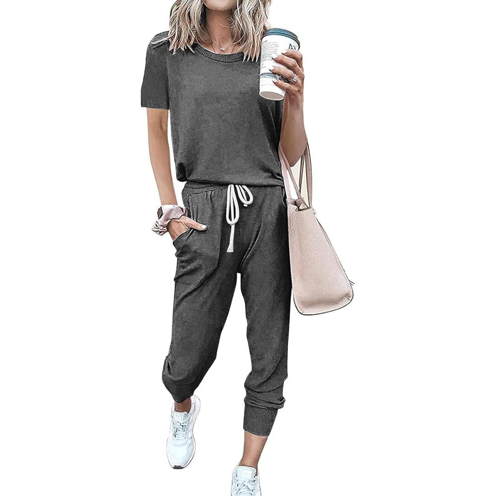 imagePRETTYGARDEN Women Summer Two Piece Outfits Striped Short Sleeve Pullover and Long Pants Tracksuit Travel Pajama Lounge SetSolid Dark Grey