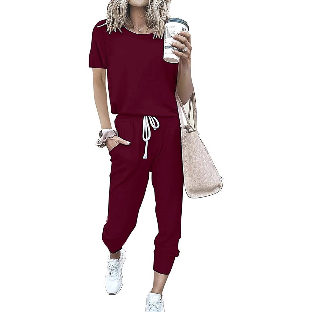 imagePRETTYGARDEN Women Summer Two Piece Outfits Striped Short Sleeve Pullover and Long Pants Tracksuit Travel Pajama Lounge SetSolid Wine Red