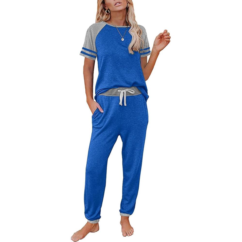 imagePRETTYGARDEN Women Summer Two Piece Outfits Striped Short Sleeve Pullover and Long Pants Tracksuit Travel Pajama Lounge SetZgrey Blue