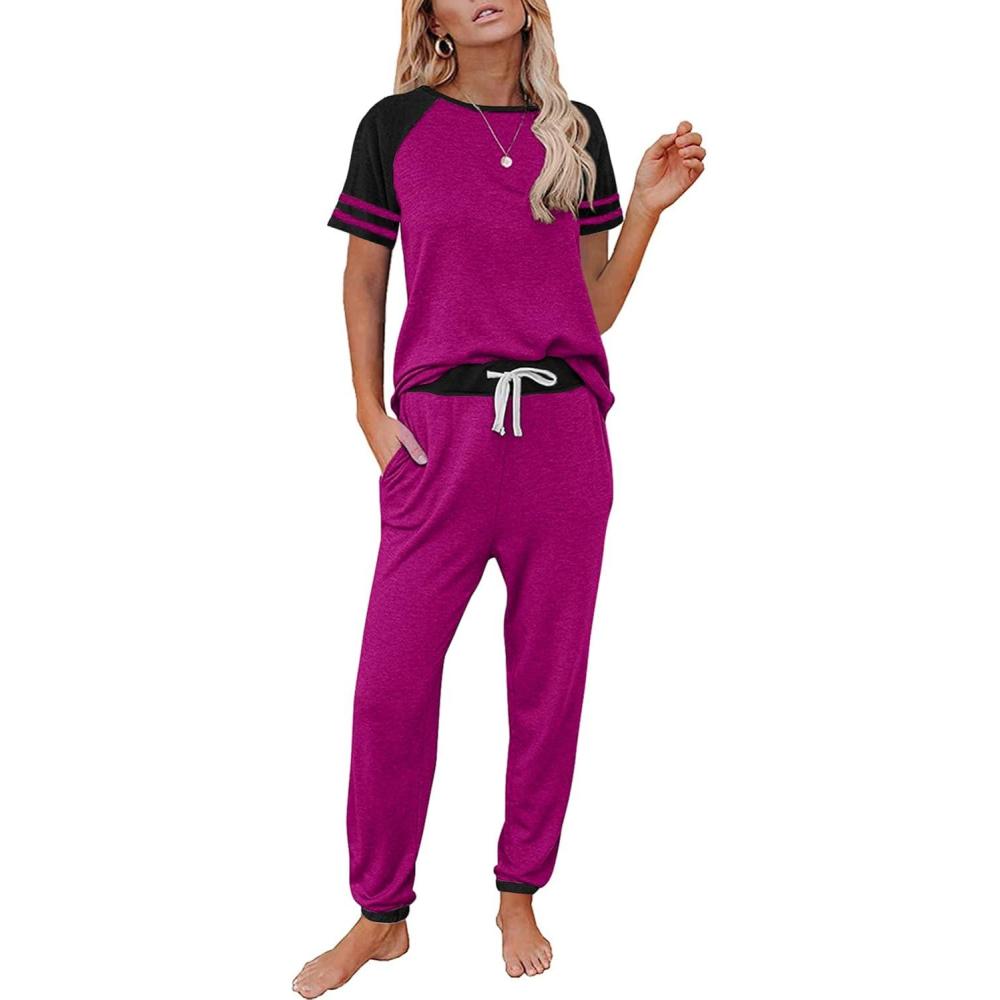 imagePRETTYGARDEN Women Summer Two Piece Outfits Striped Short Sleeve Pullover and Long Pants Tracksuit Travel Pajama Lounge SetZpurple