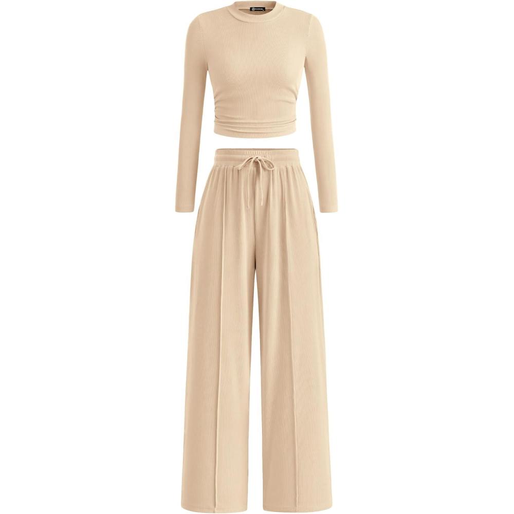 imagePRETTYGARDEN Womens 2 Piece Sets 2026 Fall Long Sleeve Crop Tops Wide Leg Pants Matching Outfit Tracksuits Spring ClothesBeige