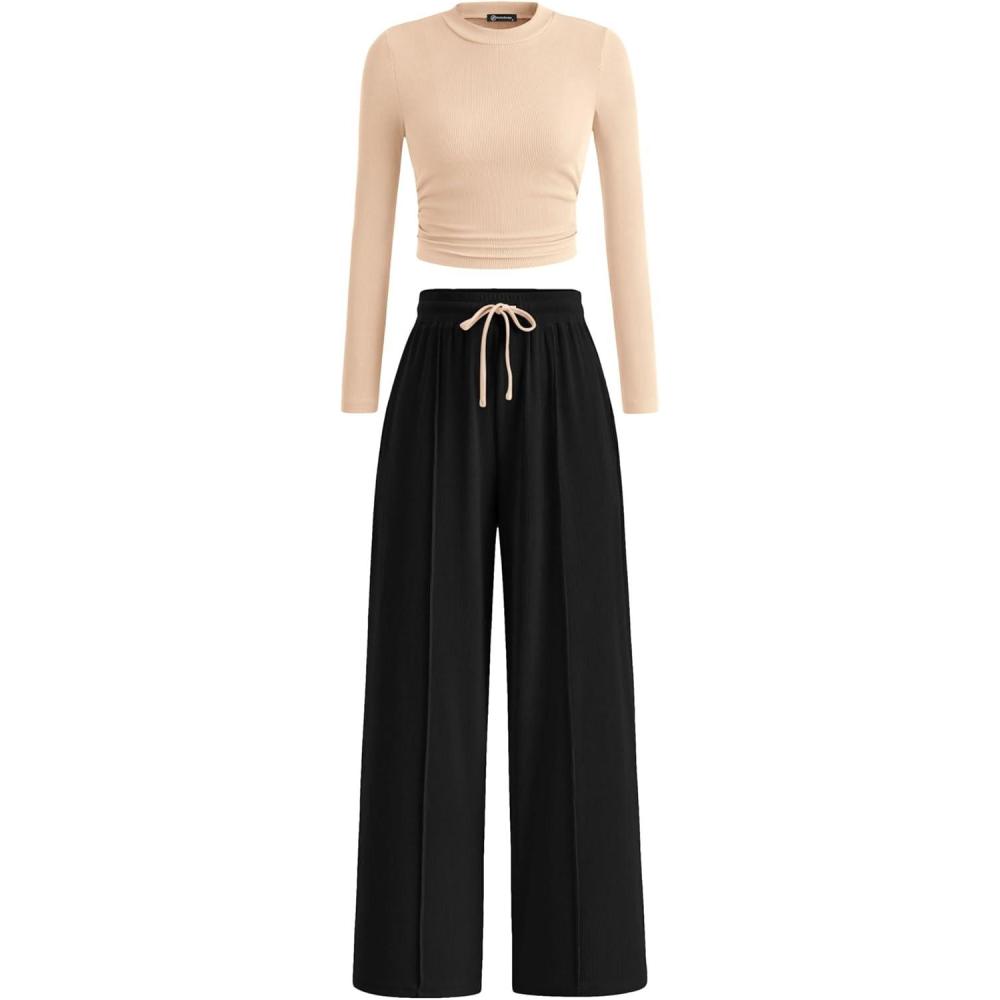 imagePRETTYGARDEN Womens 2 Piece Sets 2026 Fall Long Sleeve Crop Tops Wide Leg Pants Matching Outfit Tracksuits Spring ClothesBeige Black