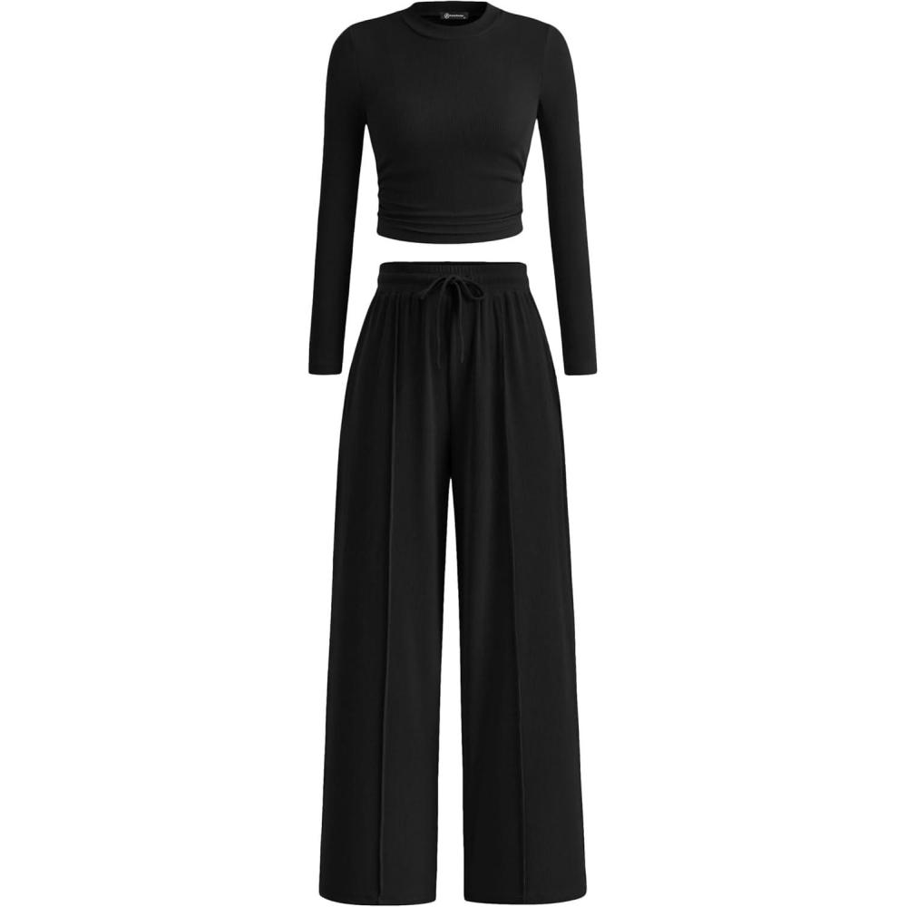 imagePRETTYGARDEN Womens 2 Piece Sets 2026 Fall Long Sleeve Crop Tops Wide Leg Pants Matching Outfit Tracksuits Spring ClothesBlack