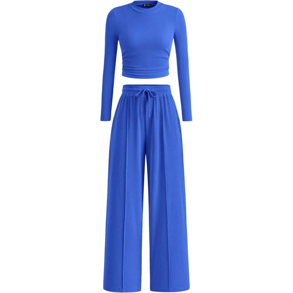 imagePRETTYGARDEN Womens 2 Piece Sets 2026 Fall Long Sleeve Crop Tops Wide Leg Pants Matching Outfit Tracksuits Spring ClothesBlue