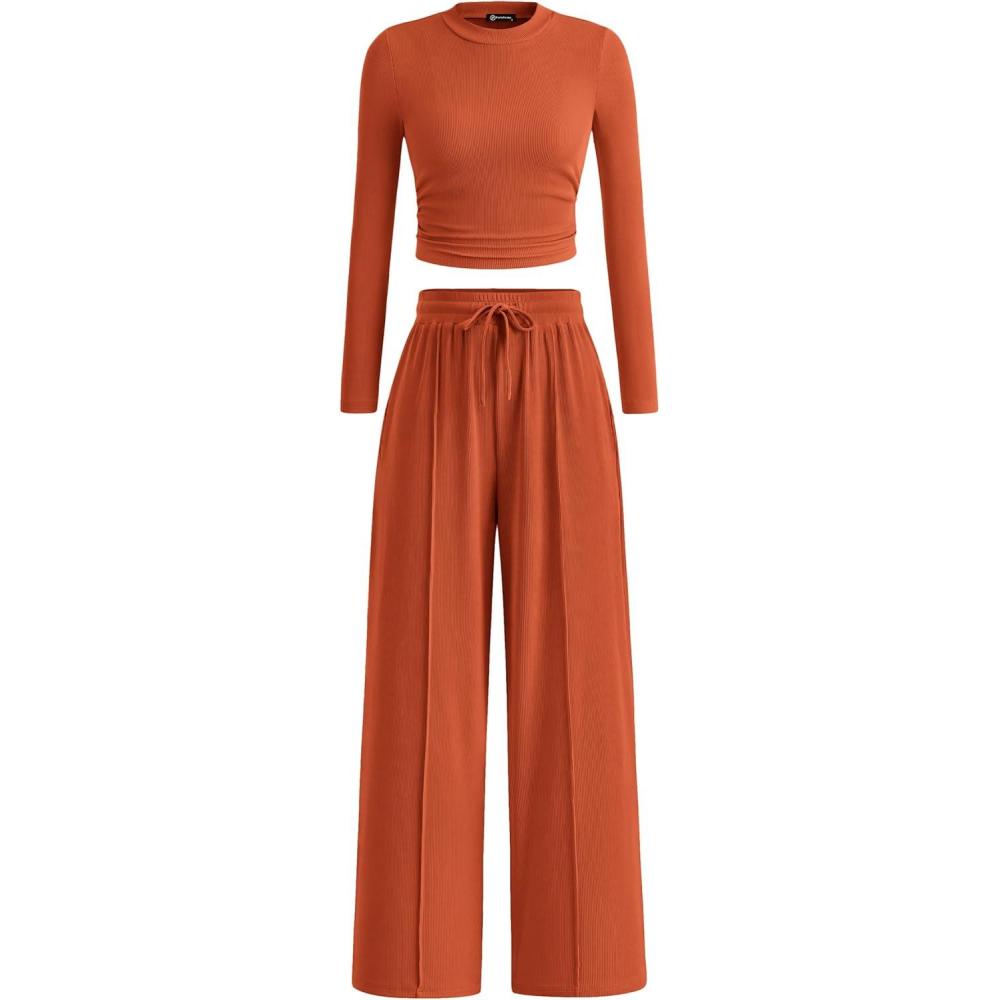 imagePRETTYGARDEN Womens 2 Piece Sets 2026 Fall Long Sleeve Crop Tops Wide Leg Pants Matching Outfit Tracksuits Spring ClothesBrick Red