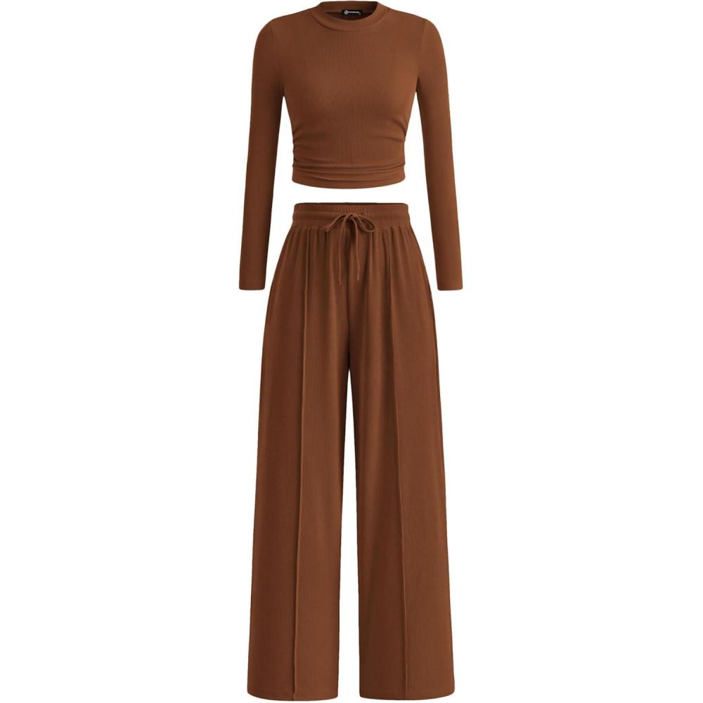 imagePRETTYGARDEN Womens 2 Piece Sets 2026 Fall Long Sleeve Crop Tops Wide Leg Pants Matching Outfit Tracksuits Spring ClothesBrown