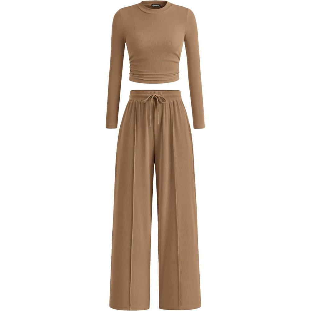imagePRETTYGARDEN Womens 2 Piece Sets 2026 Fall Long Sleeve Crop Tops Wide Leg Pants Matching Outfit Tracksuits Spring ClothesCamel