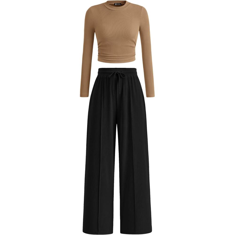imagePRETTYGARDEN Womens 2 Piece Sets 2026 Fall Long Sleeve Crop Tops Wide Leg Pants Matching Outfit Tracksuits Spring ClothesCamel Black