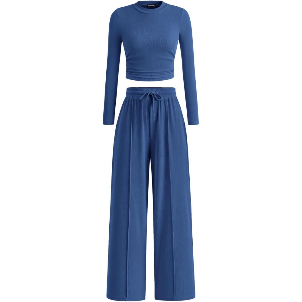 imagePRETTYGARDEN Womens 2 Piece Sets 2026 Fall Long Sleeve Crop Tops Wide Leg Pants Matching Outfit Tracksuits Spring ClothesDark Blue