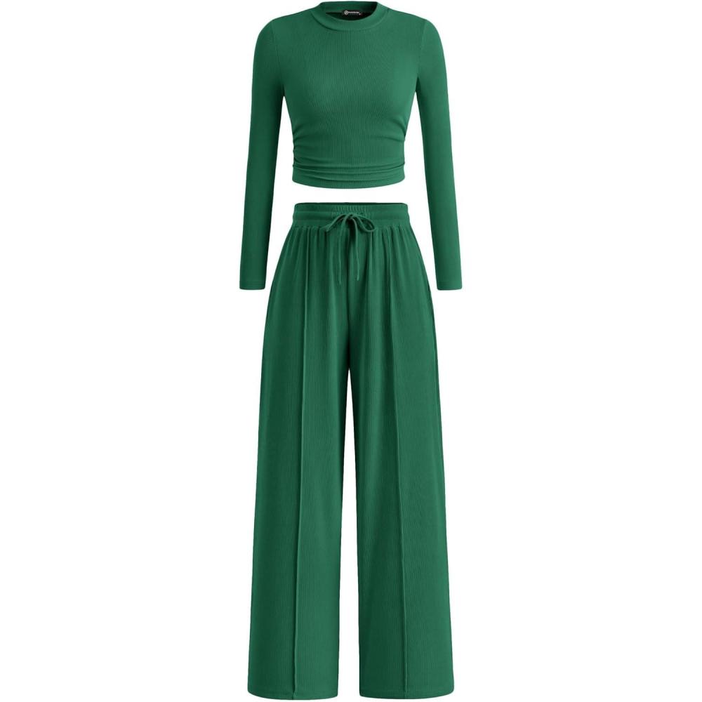 imagePRETTYGARDEN Womens 2 Piece Sets 2026 Fall Long Sleeve Crop Tops Wide Leg Pants Matching Outfit Tracksuits Spring ClothesGreen