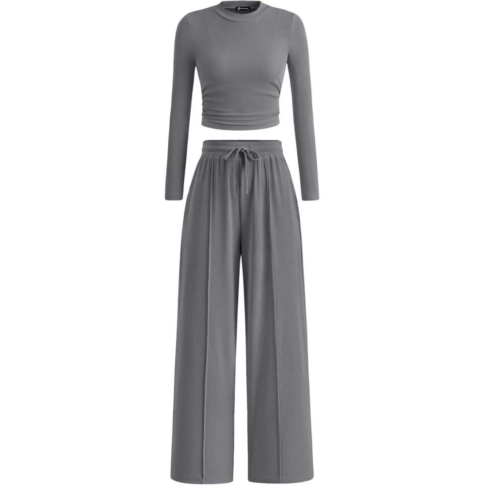 imagePRETTYGARDEN Womens 2 Piece Sets 2026 Fall Long Sleeve Crop Tops Wide Leg Pants Matching Outfit Tracksuits Spring ClothesGrey