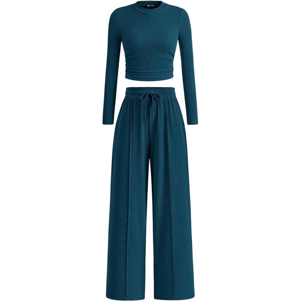 imagePRETTYGARDEN Womens 2 Piece Sets 2026 Fall Long Sleeve Crop Tops Wide Leg Pants Matching Outfit Tracksuits Spring ClothesLake Blue