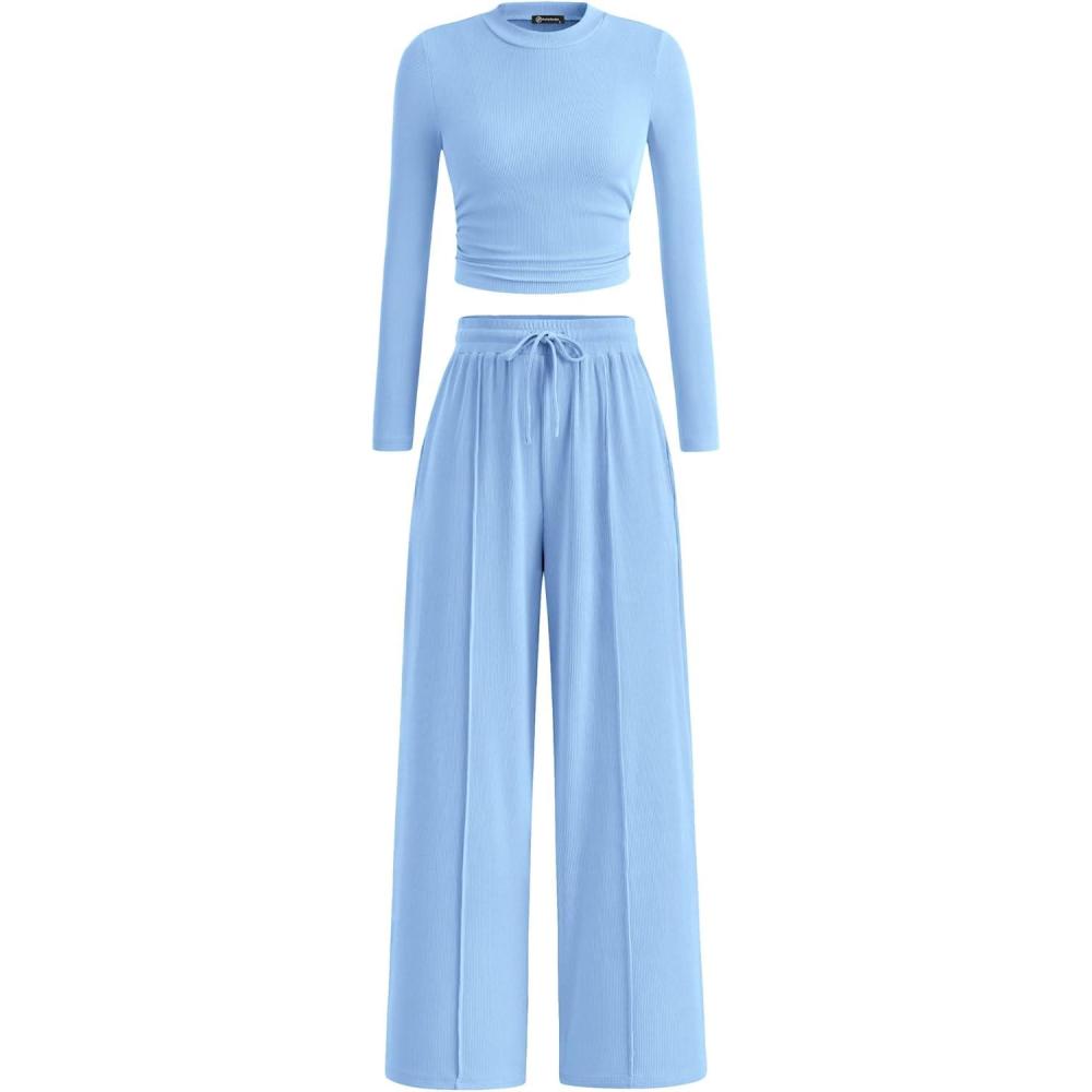 imagePRETTYGARDEN Womens 2 Piece Sets 2026 Fall Long Sleeve Crop Tops Wide Leg Pants Matching Outfit Tracksuits Spring ClothesLight Blue